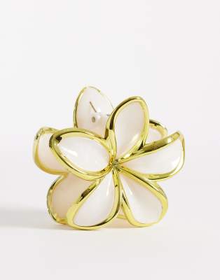 DesignB London - Perlmuttfarbene Haarklammer im hawaiianischen Blumendesign in Marmor-Optik mit goldfarbenem Besatz