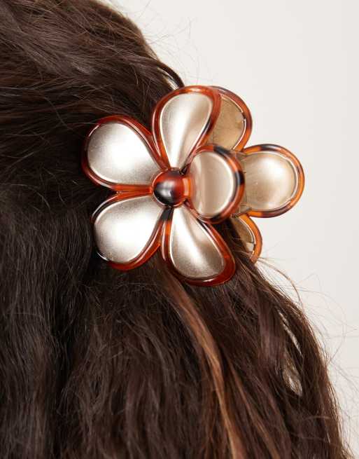 DesignB London - Pince à cheveux fleur - Écaille de tortue et doré, 3 de 3