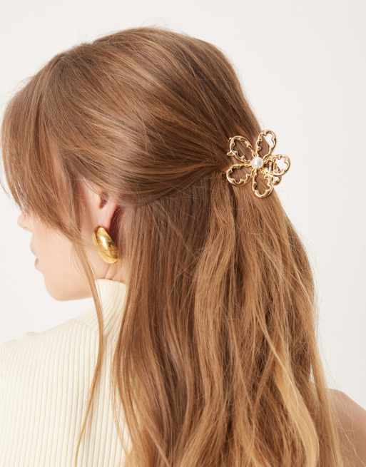 DesignB London - Pinza per capelli a forma di fiore in metallo con perla