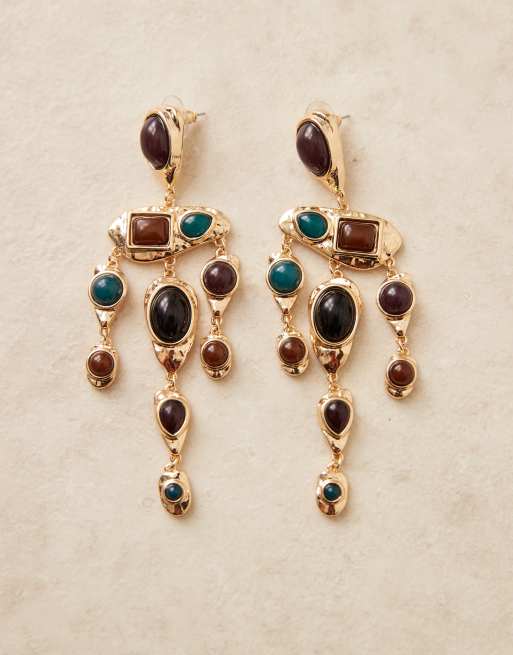 DesignB London premium statement gem stone drop earrings in gold tone, 2 of 2