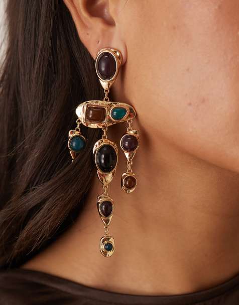 DesignB London premium statement gem stone drop earrings in gold - view 1