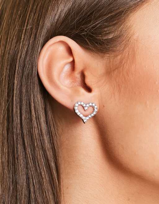 DesignB London - Puces d'oreilles à strass en forme de cœur - Argenté