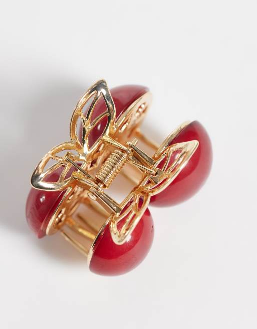 DesignB London - Rød hårklemme med kirsebærdesign i metal, 3 af 3