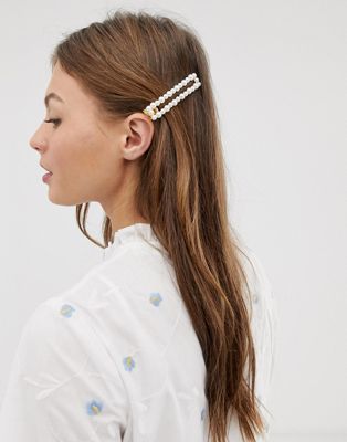 DesignB London - Rechthoekige haarclip met imitatieparels-Wit