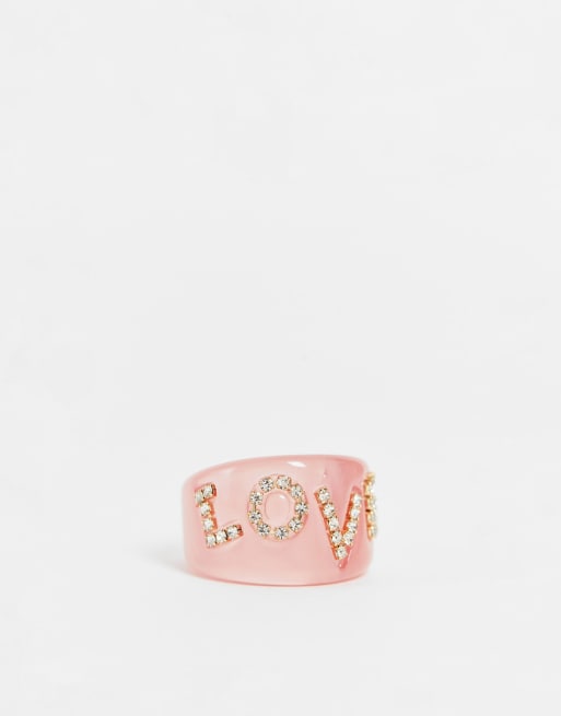 DesignB London resin ring with embellished love in pink