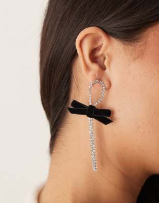 DesignB London rhinestone drop earrings with velvet bow in silver