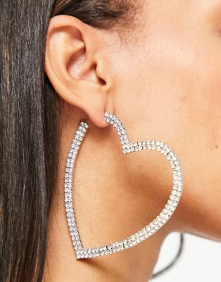 DesignB London rhinestone heart hoop earrings in silver - ASOS Price Checker