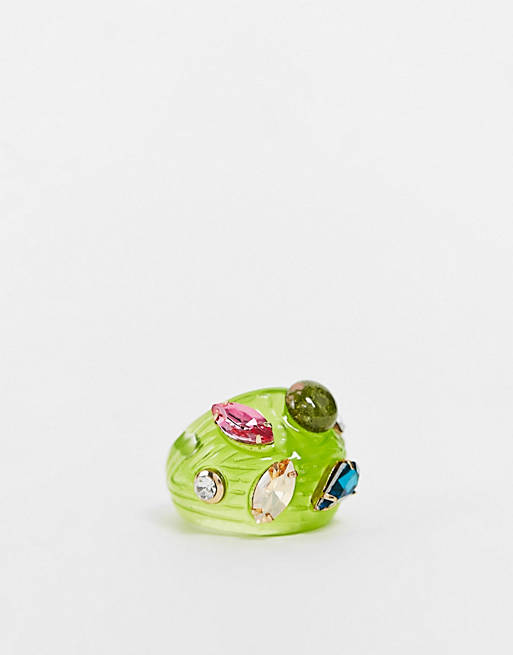 DesignB London ridged resin ring with crystal embellishment in lime