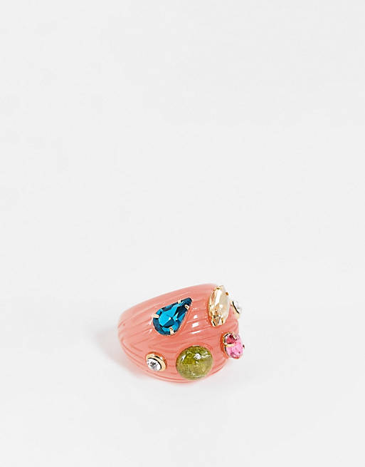 DesignB London ridged resin ring with crystal embellishment in pink