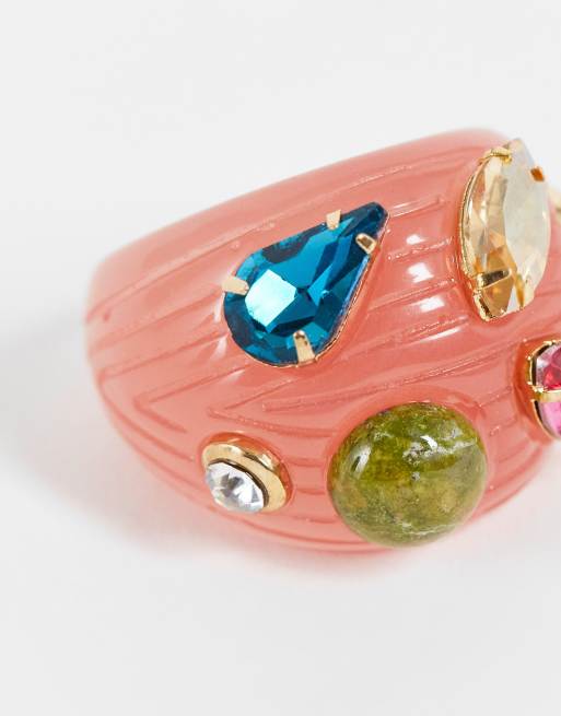 DesignB London ridged resin ring with crystal embellishment in pink, 2 of 4