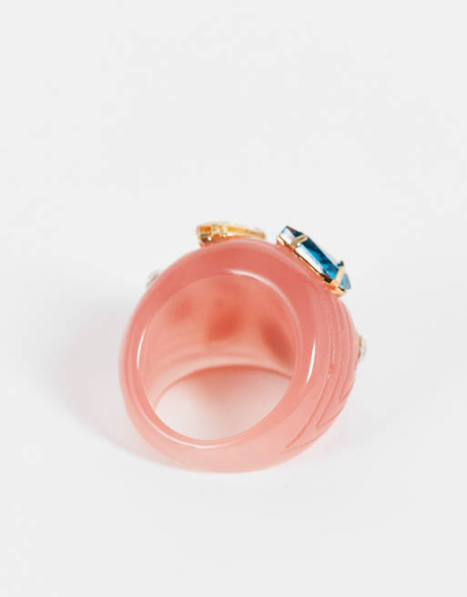 DesignB London ridged resin ring with crystal embellishment in pink, 4 of 4