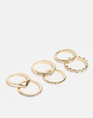 DesignB London – Ringe-Multipack In Gold Mit Strassverzierung | ASOS