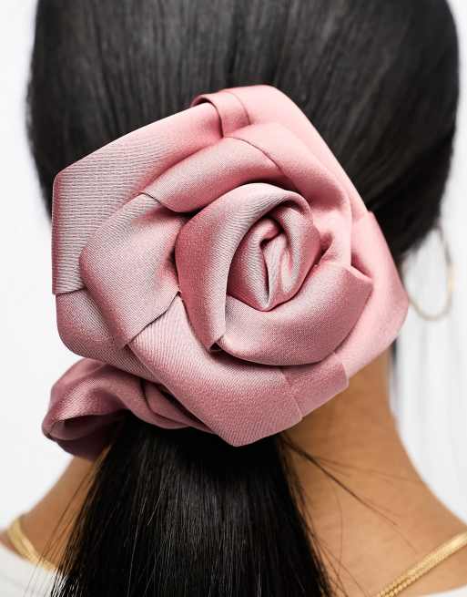 DesignB London satin rose corsage scrunchie in pink, 2 of 4