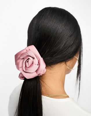 DesignB London satin rose corsage scrunchie in pink