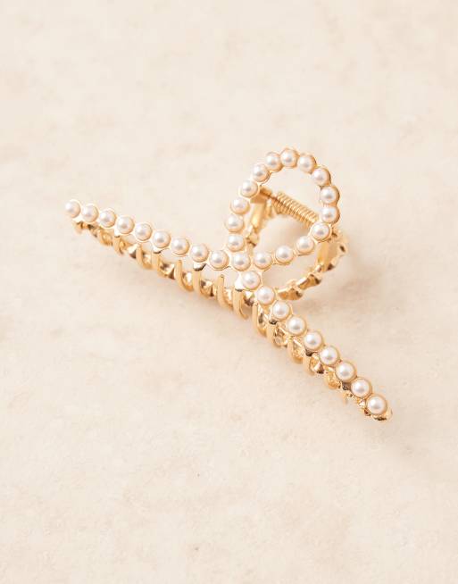 DesignB London – Schmale Haarklammer in Gold mit Perlenbesatz, 2 von 3