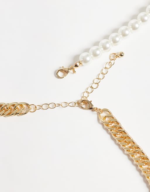 DesignB London set di due collane intrecciate con maglie e perle in oro, 3 di 4