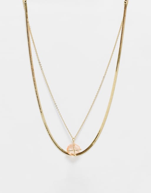 DesignB London - Set kettingen in goud met roze halfedelsteen in hangertje