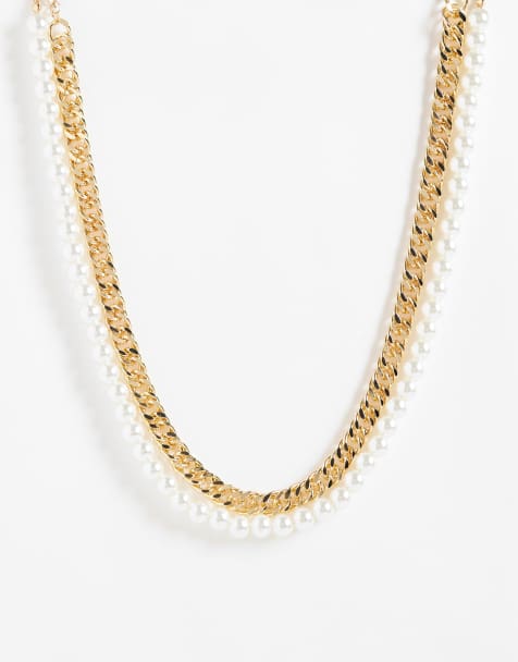 DesignB London set of two intertwined link chain and pearl necklace in gold - view 1