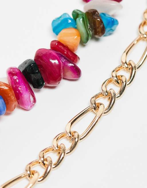 DesignB London - Set van 2 enkelbandjes met kralen en schakels in multi , 4 van 4