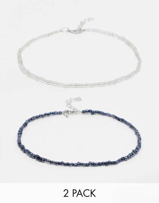 DesignB London - Set van 2 enkelbandjes met kralen in roze en zilver