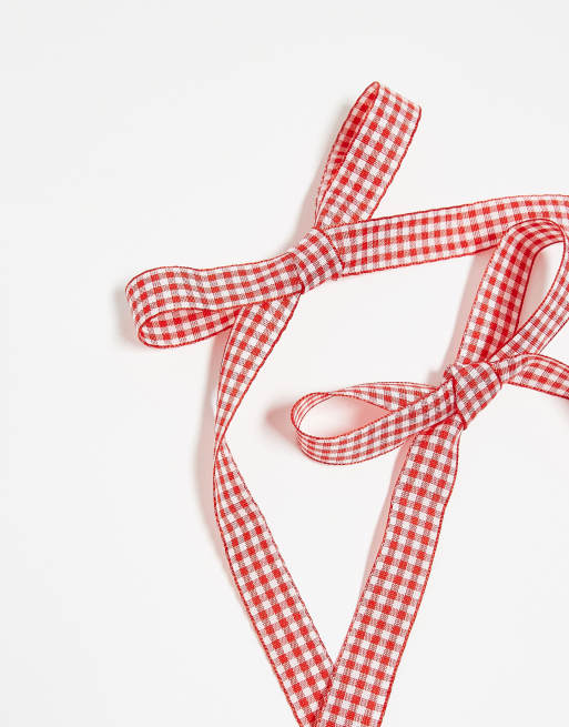 DesignB London - Set van 2 gestrikte haarlinten met rode gingham ruit , 2 van 4