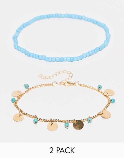 DesignB London - Set van enkelbandjes met schijfbedeltjes en kralen in goud