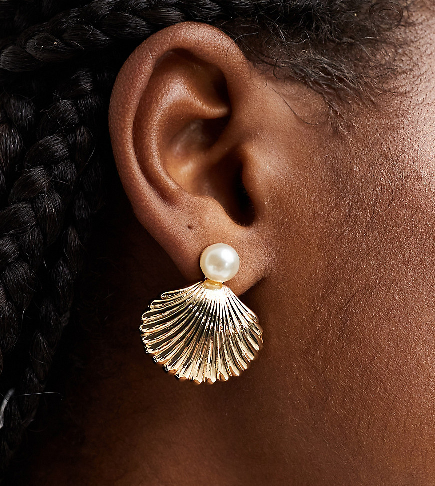 DesignB London shell and pearl stud earrings in gold