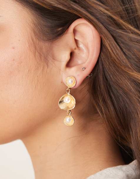 DesignB London shell drop earrings with pearl detail in gold - view 1
