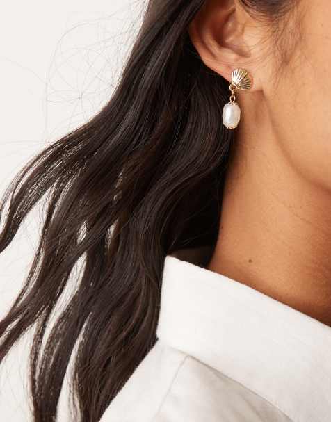 DesignB London shell stud earrings with pearl drop in gold - view 1