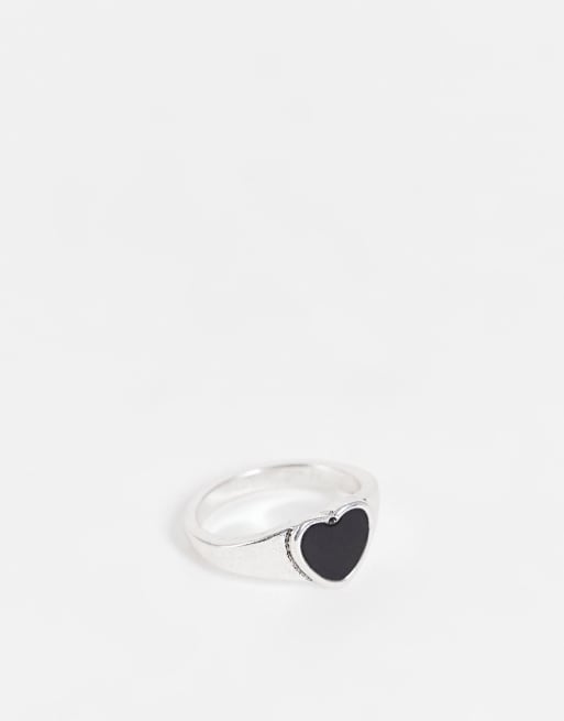 DesignB London signet ring with onyx heart in silver