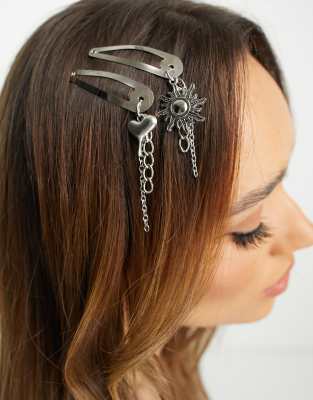 DesignB London silver hair slides with chain pendant detail | ASOS