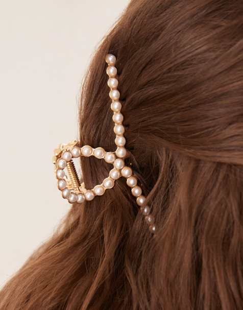DesignB London slim pearl hair claw in gold - view 1