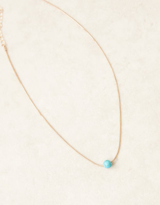 Designb London Snake Chain Necklace With Turquoise Bead Pendant In Gold