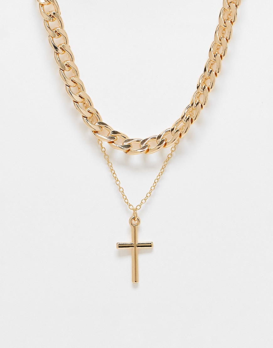 DesignB London statement chain and cross pendant necklace in gold