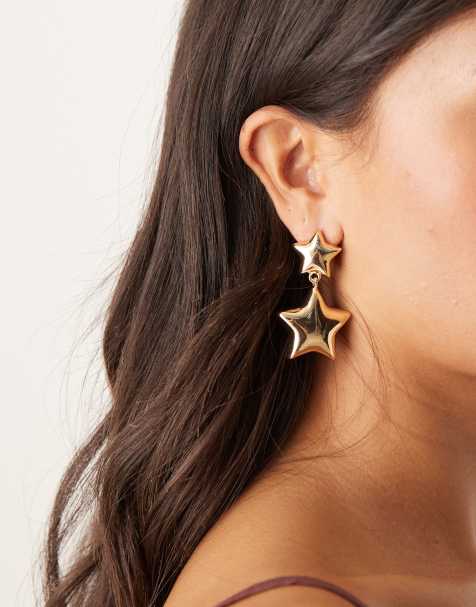 DesignB London statement double star drop earrings in gold - view 1