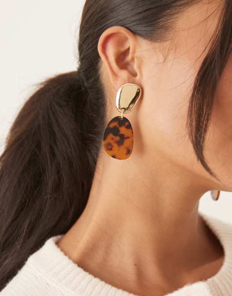 DesignB London statement drop stud earrings in gold tone and brown faux tortoiseshell - view 1