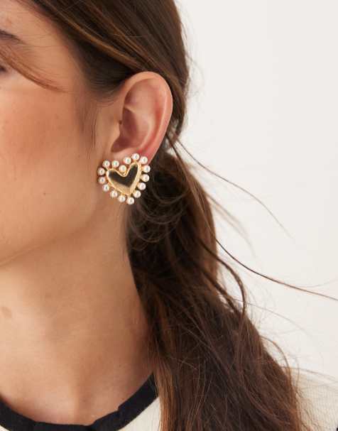 DesignB London statement faux pearl and heart stud earrings in gold tone - view 1