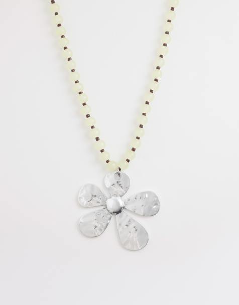 DesignB London statement flower pendant beaded necklace in neutral and silver - view 1
