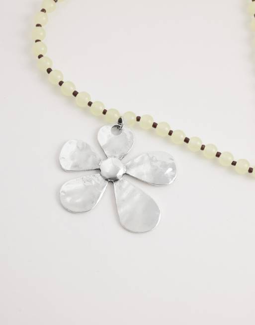 DesignB London statement flower pendant beaded necklace in neutral and silver, 4 of 4