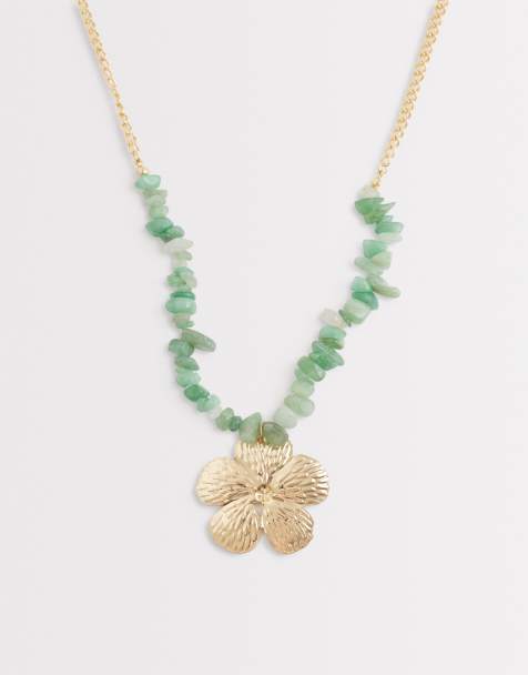 DesignB London statement flower pendant beaded necklace in teal and gold tone - view 1