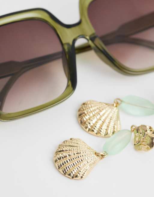 DesignB London statement frosted glass shell earrings in green and gold, 2 of 4
