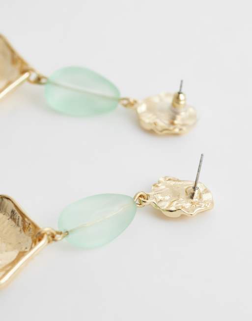 DesignB London statement frosted glass shell earrings in green and gold, 3 of 4