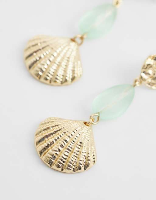 DesignB London statement frosted glass shell earrings in green and gold, 4 of 4