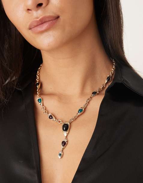 DesignB London statement gem stone lariat necklace in gold - view 1