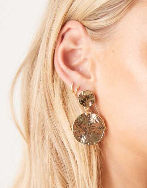 DesignB London statement hammered drop earrings in gold - view 1