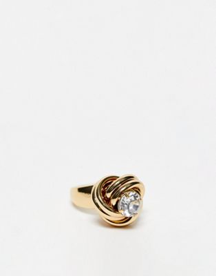 DesignB London statement knot detail crystal ring in gold