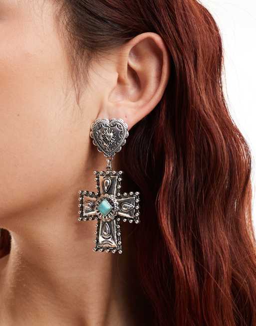 DesignB London - Statement oorbellen in grunge-stijl met kruis in zilver 