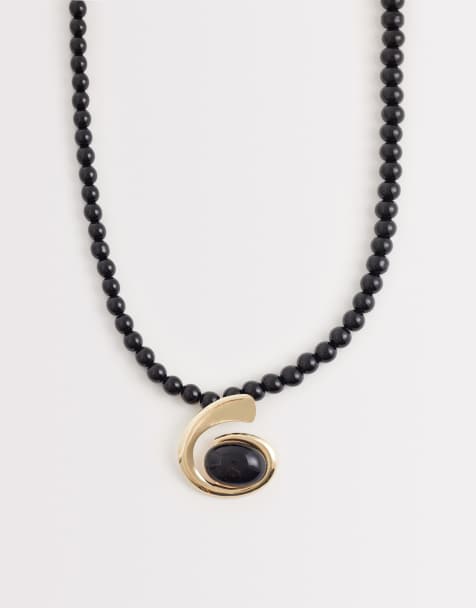 DesignB London statement shell pendant beaded necklace in black and gold - view 1