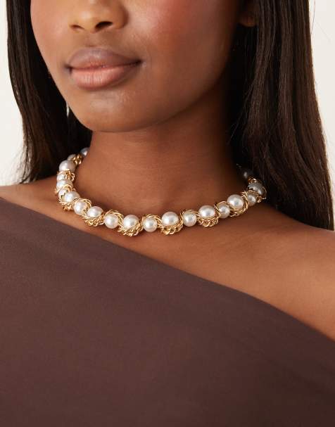 DesignB London statement twisted pearl necklace in gold - view 1