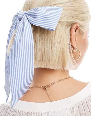 DesignB London stripe hair bow in blue and white